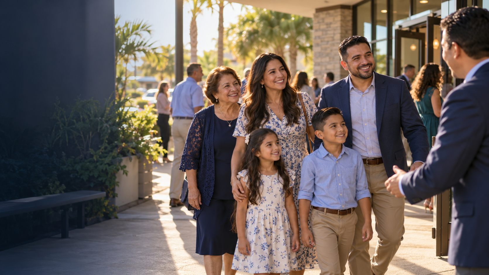 Una familia recibe una bienvenida cálida al llegar a la iglesia